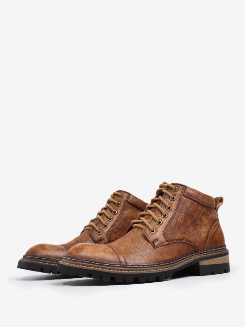 Ανδρικές Μοτοσικλέτες Martin Work Coffee Brown Cowhide Round Toe Combat Boots - Καφέ Καφέ