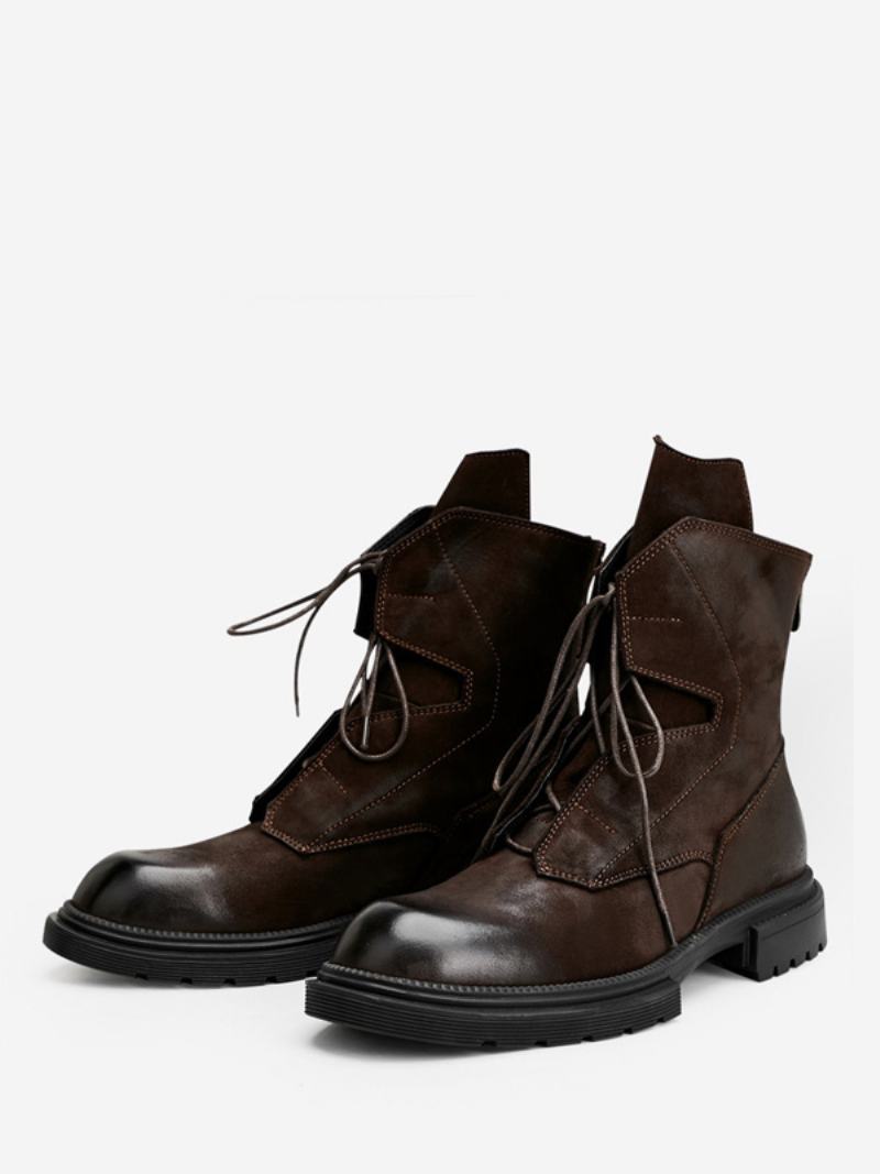 Ανδρικές Μοτοσικλέτες Martin Work Μοτοσικλέτα Coffee Brown Cowhide Round Toe Combat Boots - Καφέ Καφέ