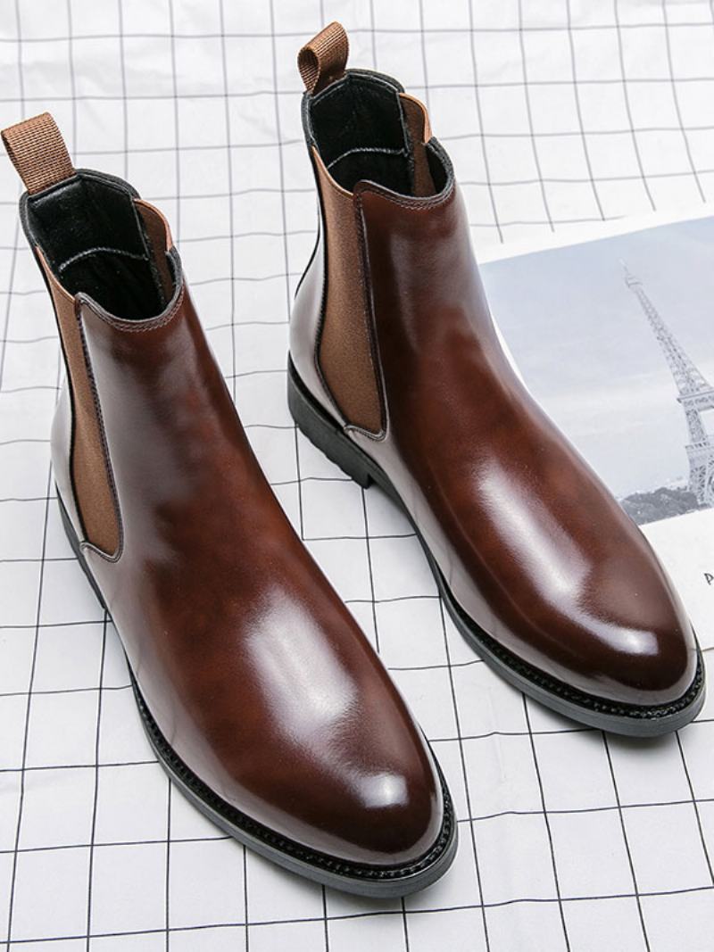 Ανδρικές Μπότες Chelsea Boots Coffee Brown Pu Δερμάτινο Στρογγυλό Δάχτυλο - Καφέ Καφέ