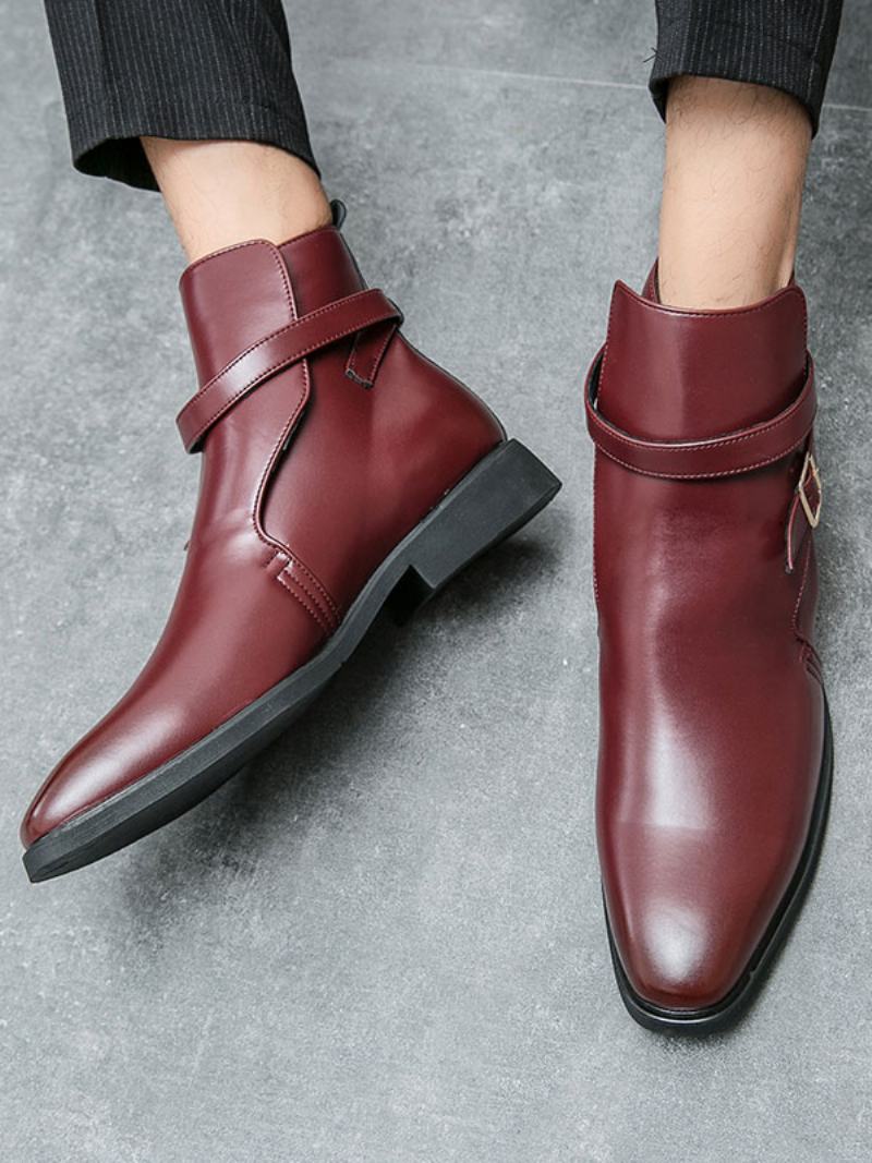 Ανδρικές Μπότες Chelsea Boots Pu Δερμάτινες Στρογγυλές Μύτης - Κόκκινο