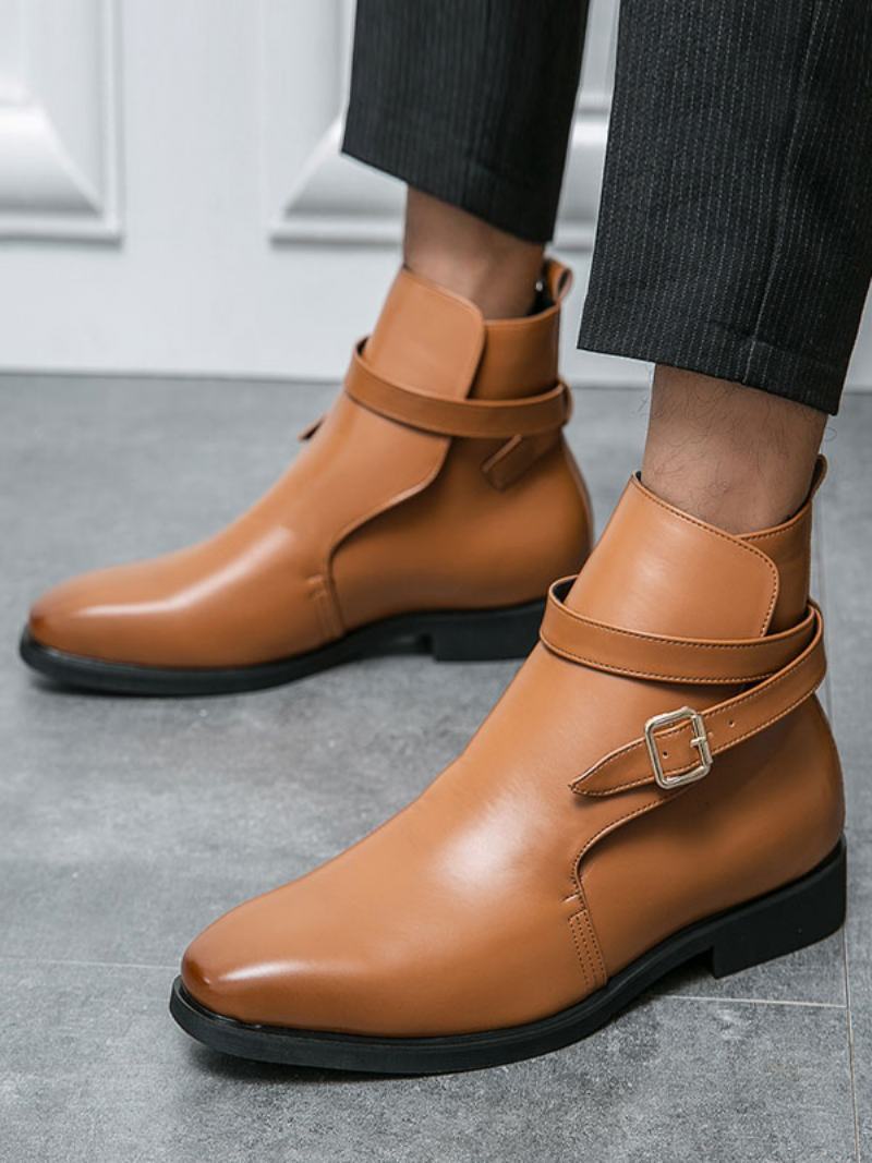 Ανδρικές Μπότες Chelsea Boots Pu Δερμάτινες Στρογγυλές Μύτης - Καφέ Καφέ