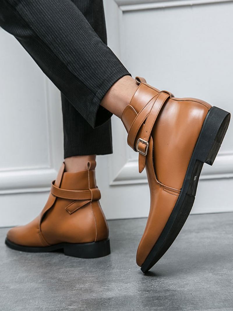 Ανδρικές Μπότες Chelsea Boots Pu Δερμάτινες Στρογγυλές Μύτης - Καφέ Καφέ