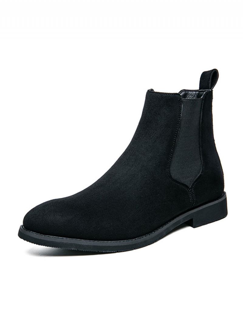 Ανδρικές Μπότες Chelsea Boots Μαύρο Suede Δερμάτινο Στρογγυλή Μύτη - Μαύρο