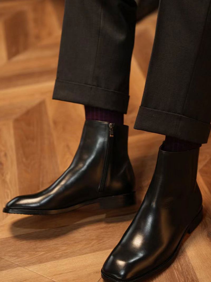 Ανδρικές Μπότες Chelsea Boots Μαύρο Τετράγωνο Δάχτυλο Από Δέρμα Αγελάδας - Μαύρος