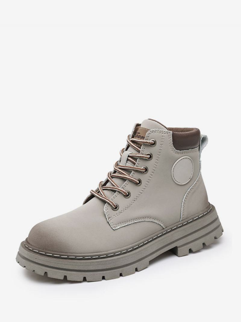 Ανδρικές Μπότες Combat Boots Pu Δερμάτινα Round Toe Lace Up Μποτάκια Στον Αστράγαλο - Γκρι