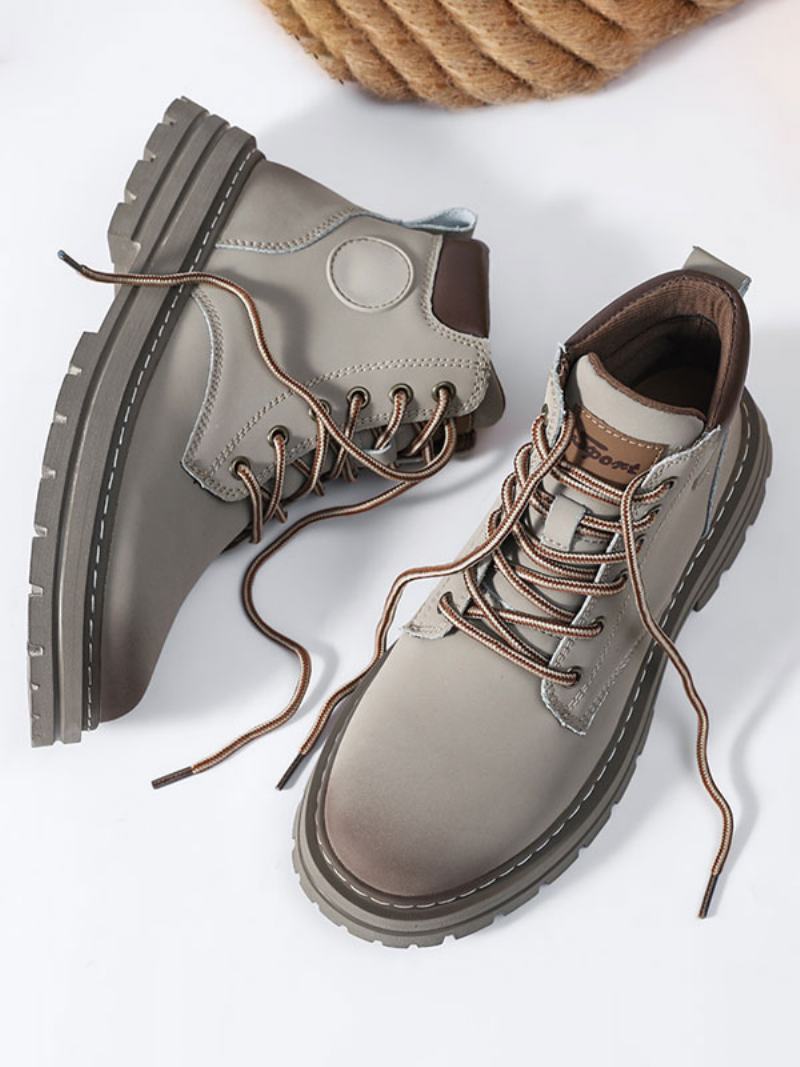 Ανδρικές Μπότες Combat Boots Pu Δερμάτινα Round Toe Lace Up Μποτάκια Στον Αστράγαλο - Γκρι