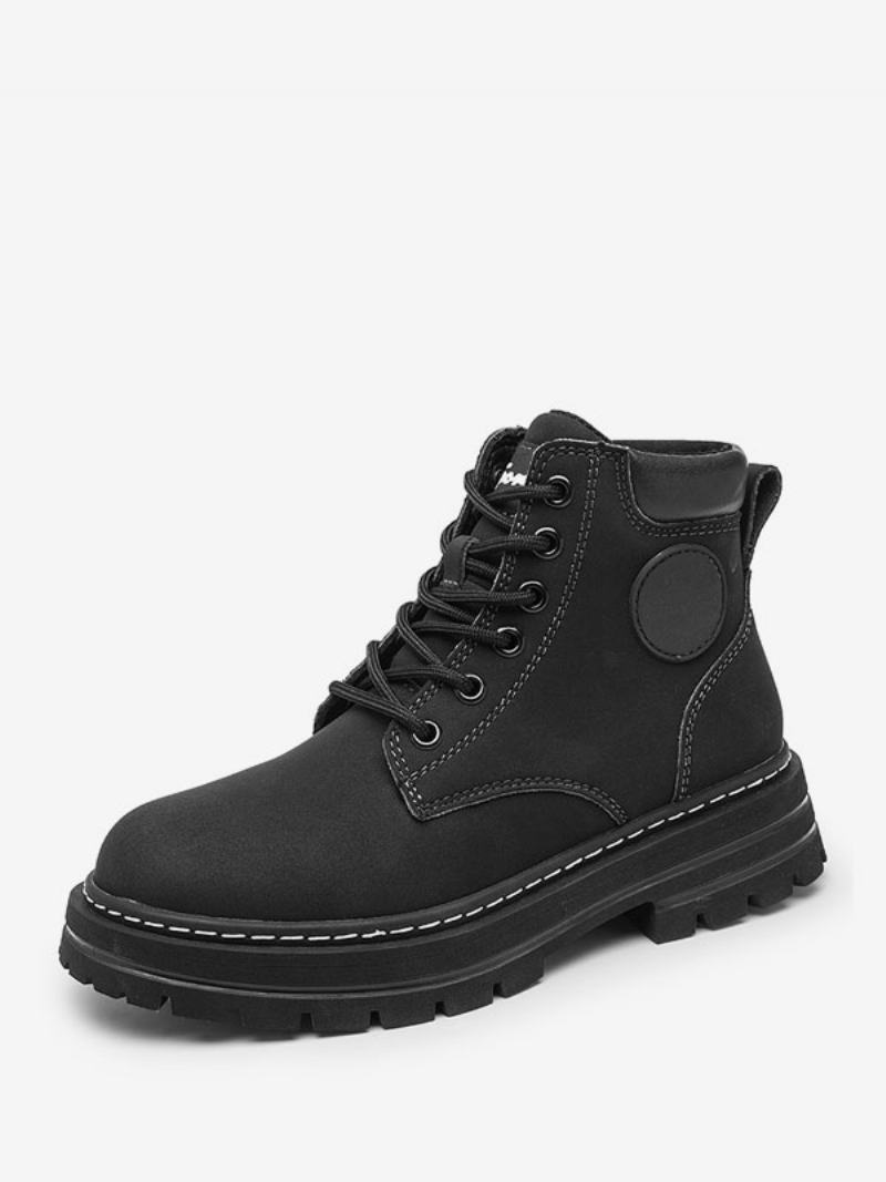 Ανδρικές Μπότες Combat Boots Pu Δερμάτινα Round Toe Lace Up Μποτάκια Στον Αστράγαλο - Μαύρο