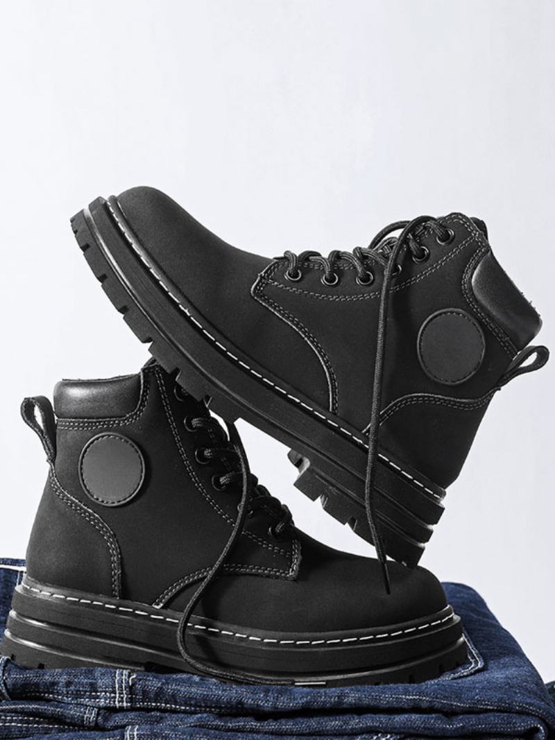 Ανδρικές Μπότες Combat Boots Pu Δερμάτινα Round Toe Lace Up Μποτάκια Στον Αστράγαλο - Μαύρο