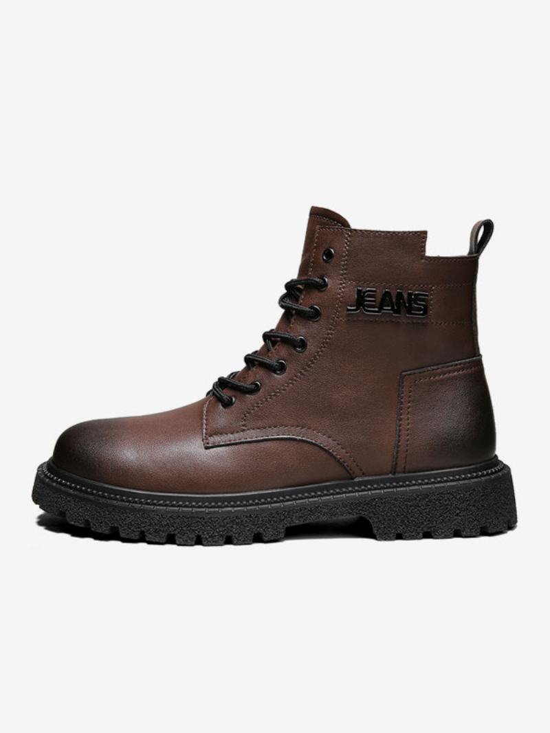 Ανδρικές Μπότες Combat Boots Pu Δερμάτινα Round Toe Lace Up Μποτάκια Στον Αστράγαλο - Καφέ Καφέ