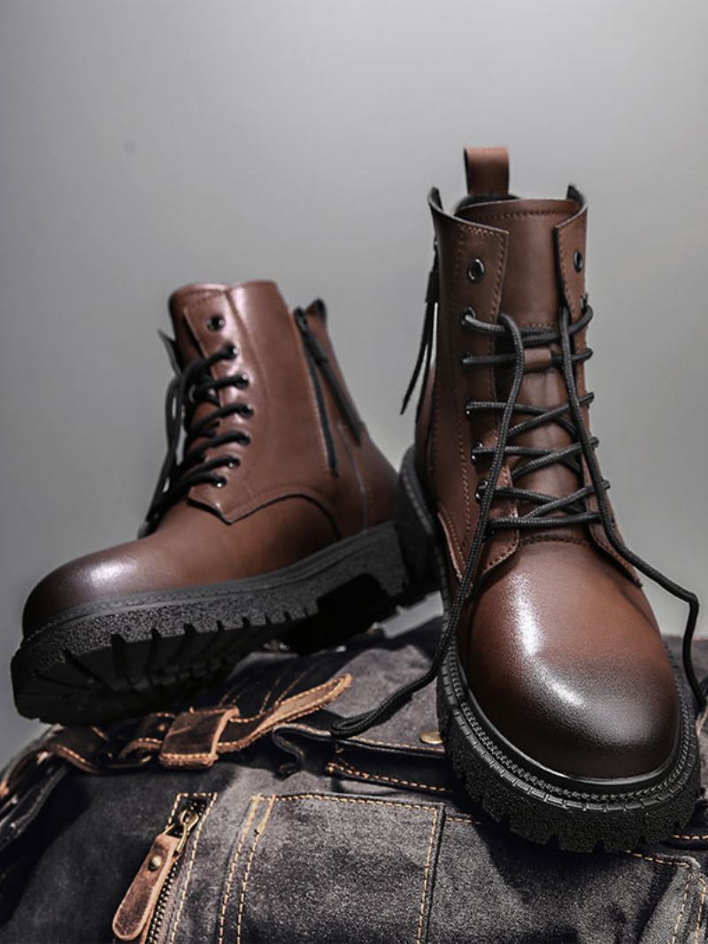 Ανδρικές Μπότες Combat Boots Pu Δερμάτινα Round Toe Lace Up Μποτάκια Στον Αστράγαλο - Καφέ Καφέ