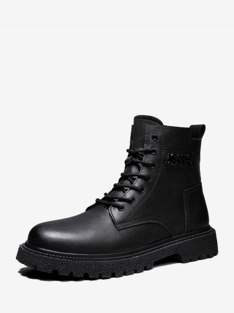 Ανδρικές Μπότες Combat Boots Pu Δερμάτινα Round Toe Lace Up Μποτάκια Στον Αστράγαλο - Μαύρο