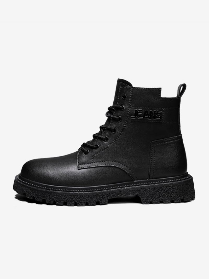 Ανδρικές Μπότες Combat Boots Pu Δερμάτινα Round Toe Lace Up Μποτάκια Στον Αστράγαλο - Μαύρο