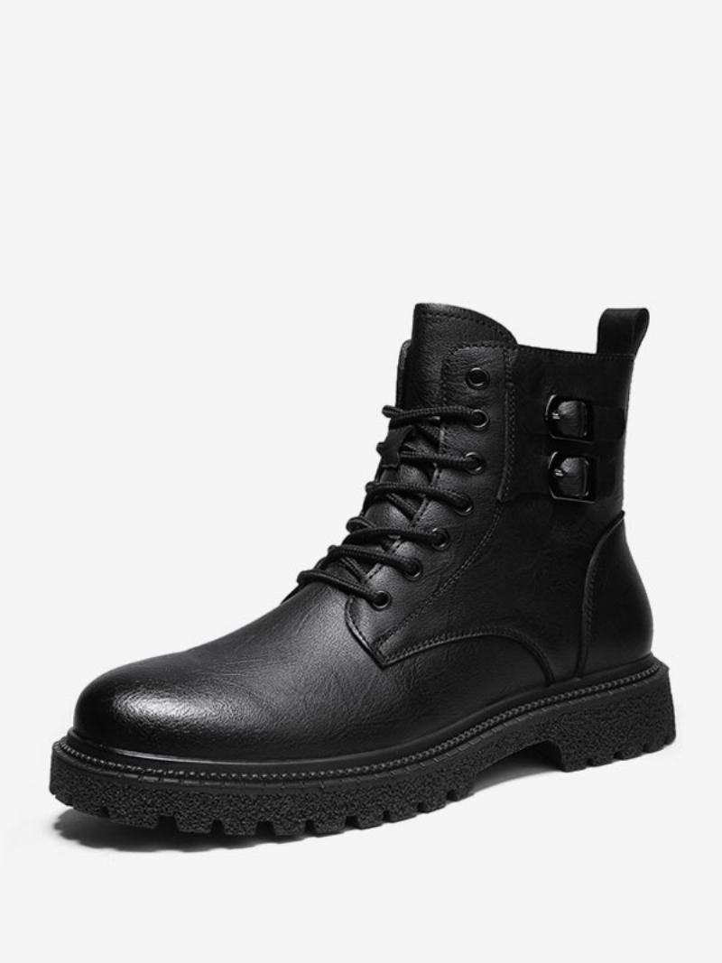 Ανδρικές Μπότες Combat Boots Pu Δερμάτινα Round Toe Lace Up Μποτάκια Στον Αστράγαλο