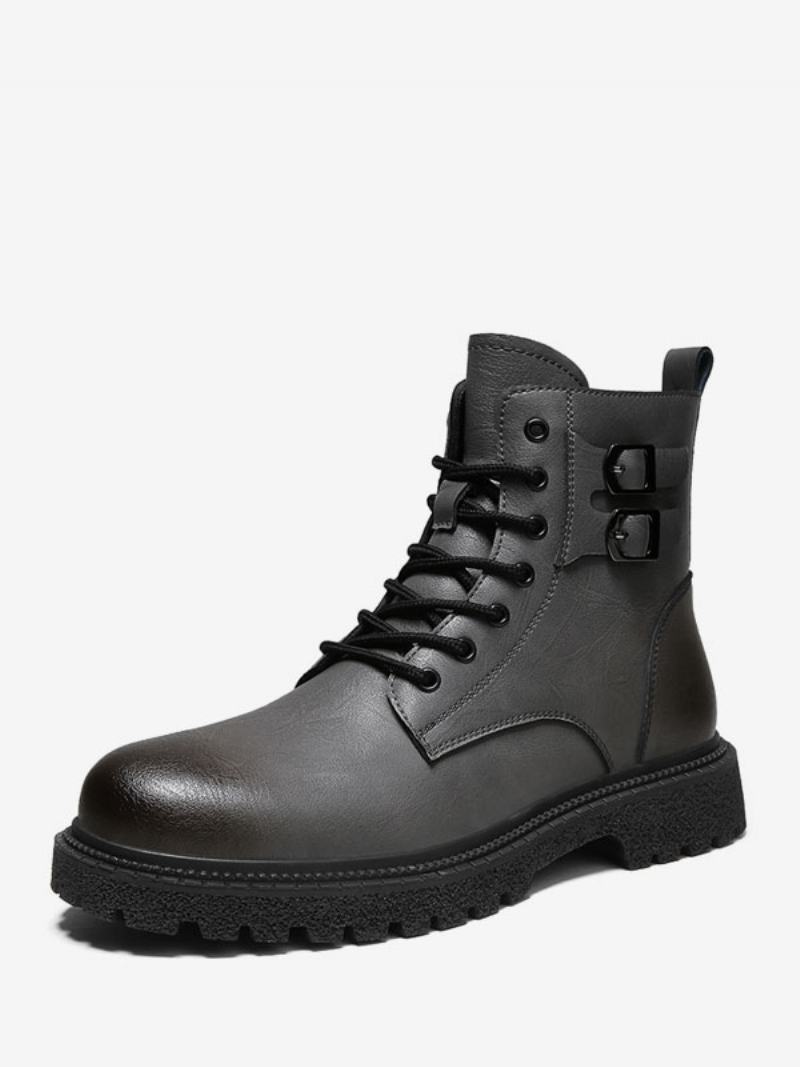 Ανδρικές Μπότες Combat Boots Pu Δερμάτινα Round Toe Lace Up Μποτάκια Στον Αστράγαλο - Γκρι