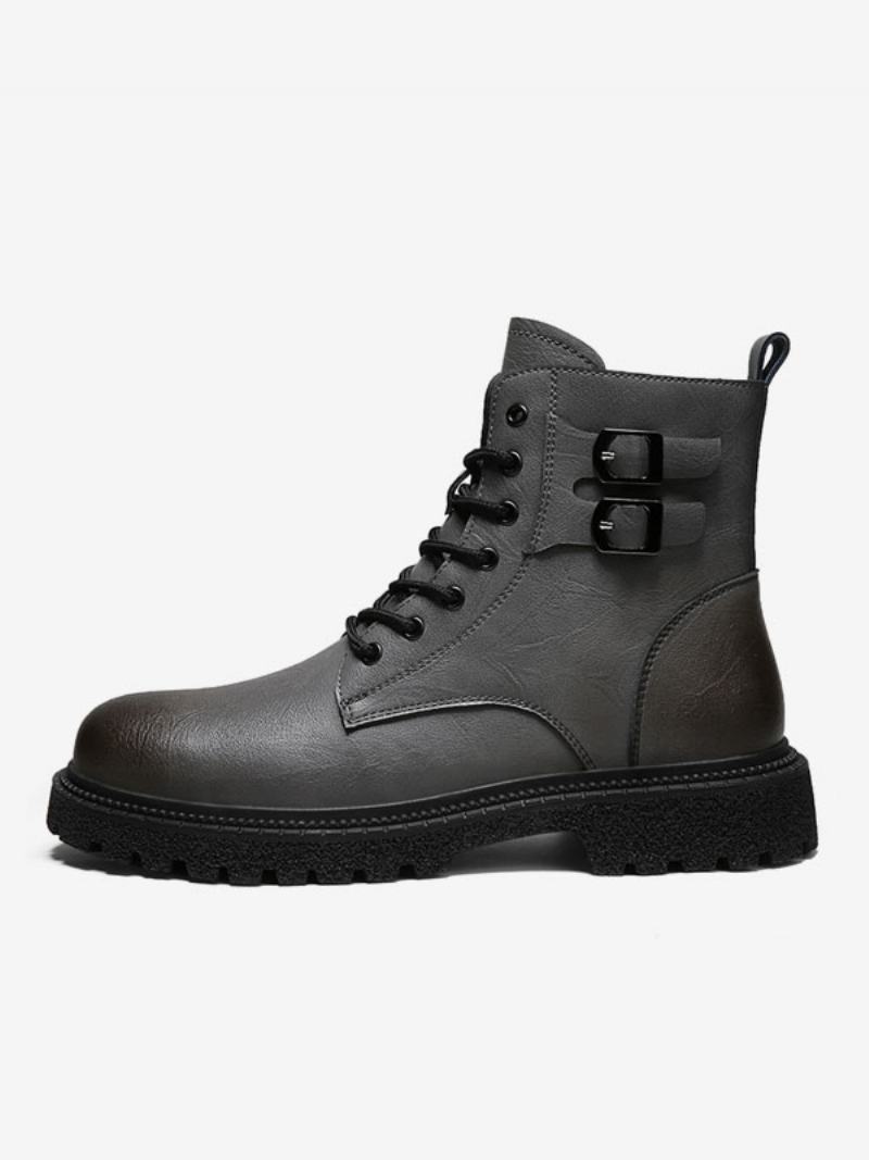 Ανδρικές Μπότες Combat Boots Pu Δερμάτινα Round Toe Lace Up Μποτάκια Στον Αστράγαλο - Γκρι