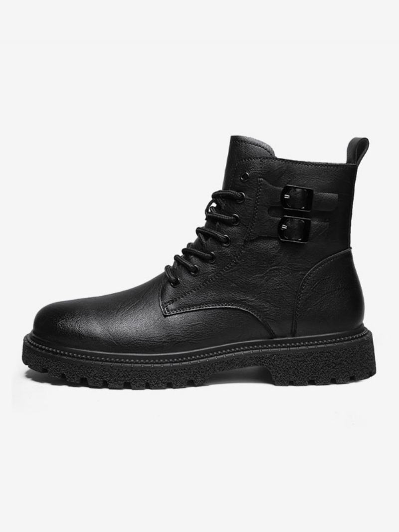 Ανδρικές Μπότες Combat Boots Pu Δερμάτινα Round Toe Lace Up Μποτάκια Στον Αστράγαλο - Μαύρο