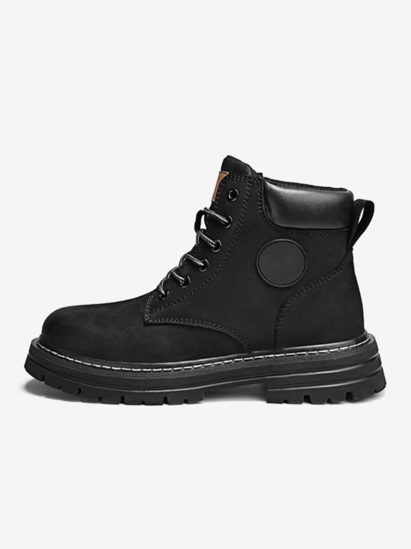 Ανδρικές Μπότες Combat Boots Pu Δερμάτινα Round Toe Lace Up Μποτάκια Στον Αστράγαλο - Μαύρο