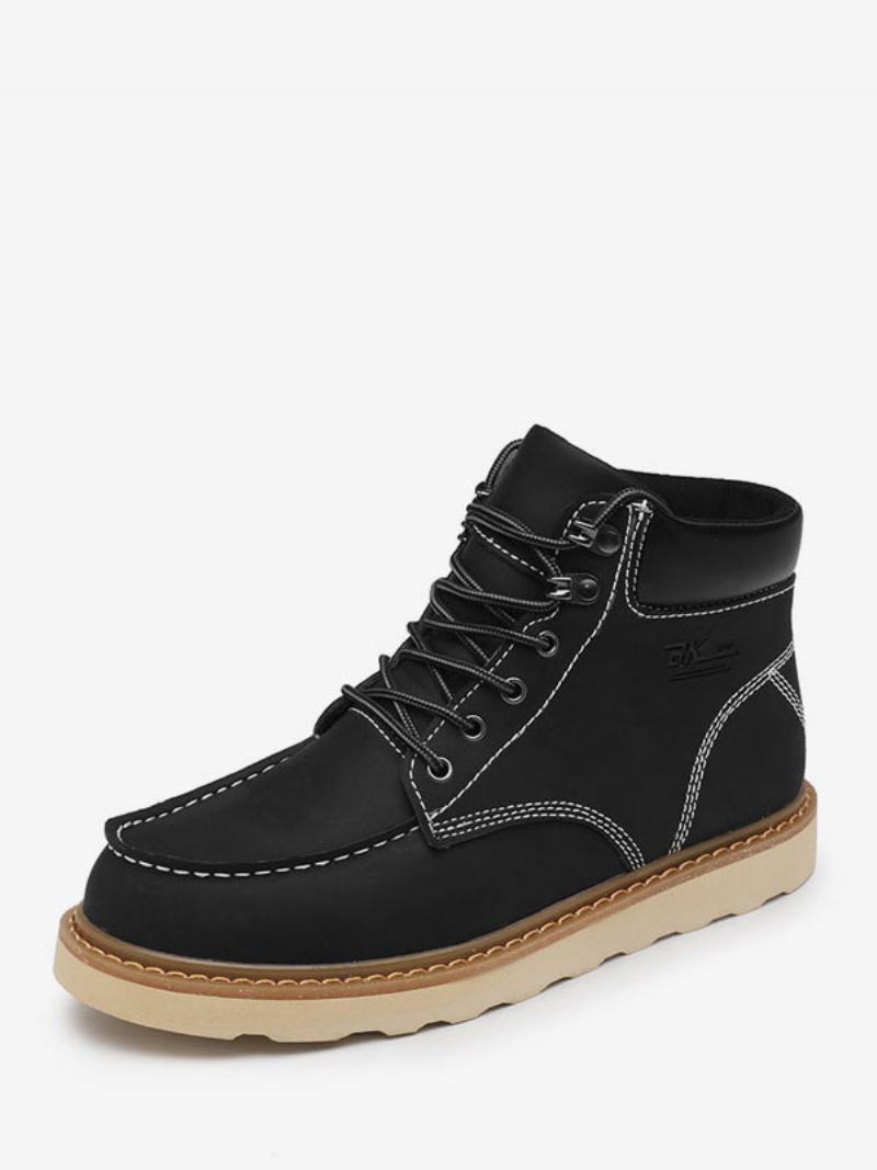 Ανδρικές Μπότες Combat Boots Pu Δερμάτινα Round Toe Lace Up Μποτάκια Στον Αστράγαλο - Μαύρο