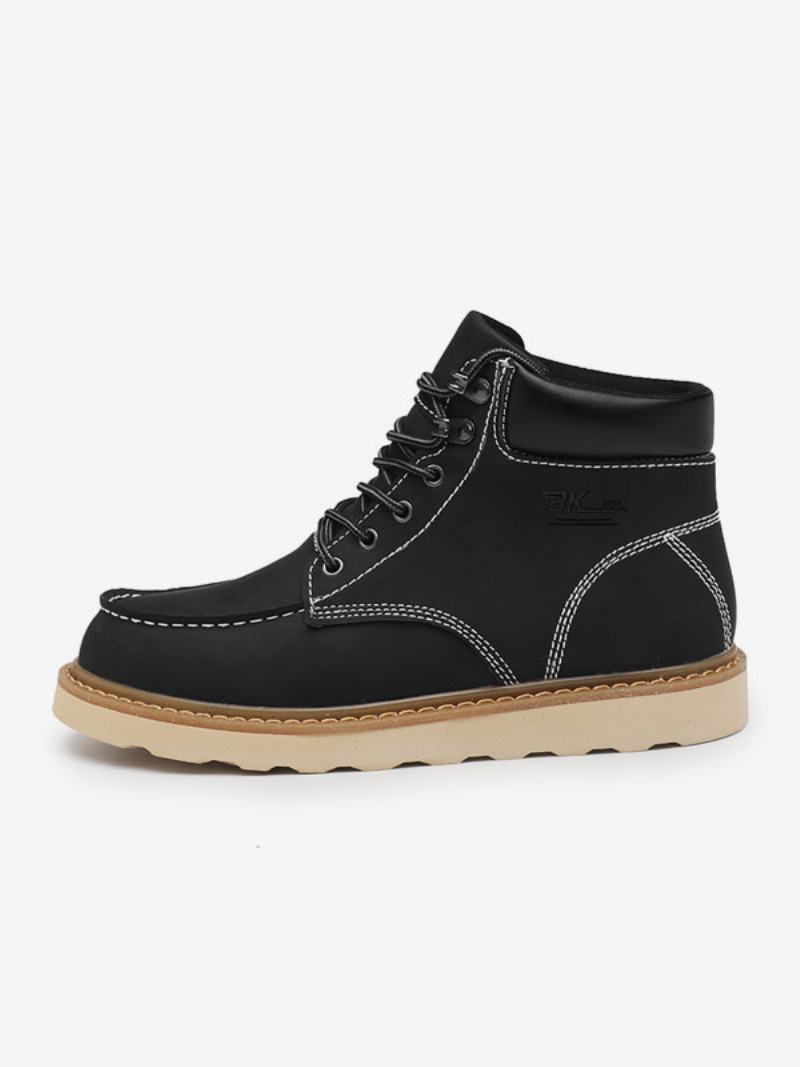 Ανδρικές Μπότες Combat Boots Pu Δερμάτινα Round Toe Lace Up Μποτάκια Στον Αστράγαλο - Μαύρο