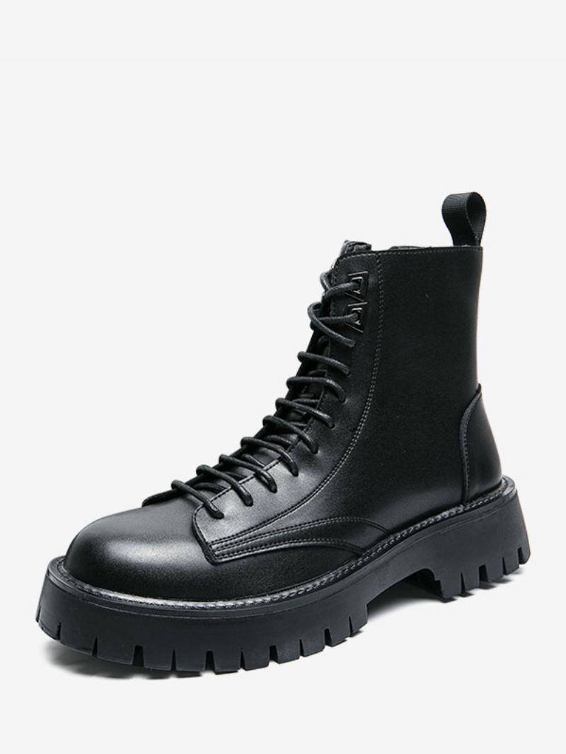 Ανδρικές Μπότες Combat Boots Pu Δερμάτινα Round Toe Lace Up Μποτάκια Στον Αστράγαλο