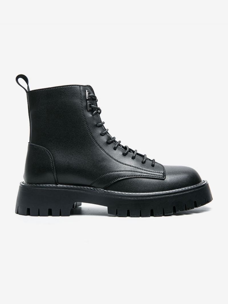 Ανδρικές Μπότες Combat Boots Pu Δερμάτινα Round Toe Lace Up Μποτάκια Στον Αστράγαλο - Μαύρος