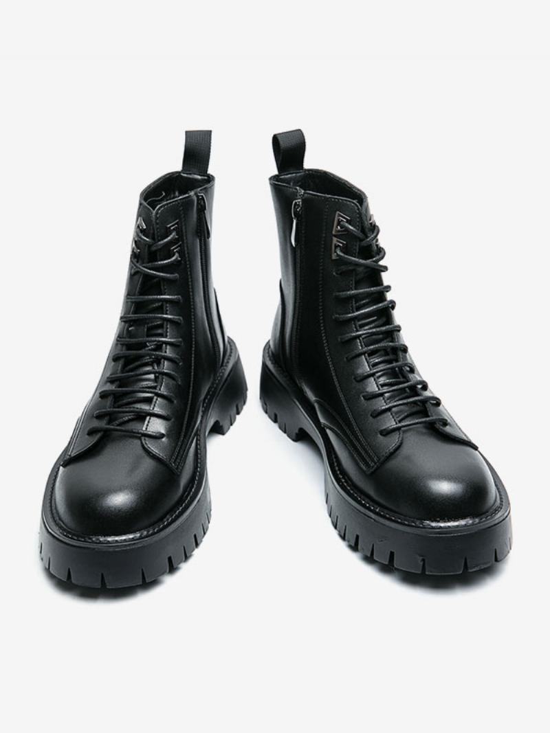 Ανδρικές Μπότες Combat Boots Pu Δερμάτινα Round Toe Lace Up Μποτάκια Στον Αστράγαλο - Μαύρος