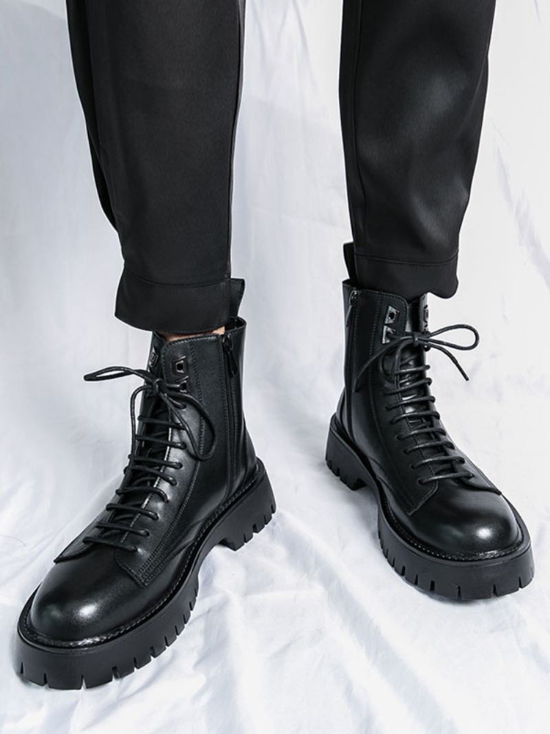 Ανδρικές Μπότες Combat Boots Pu Δερμάτινα Round Toe Lace Up Μποτάκια Στον Αστράγαλο - Μαύρος