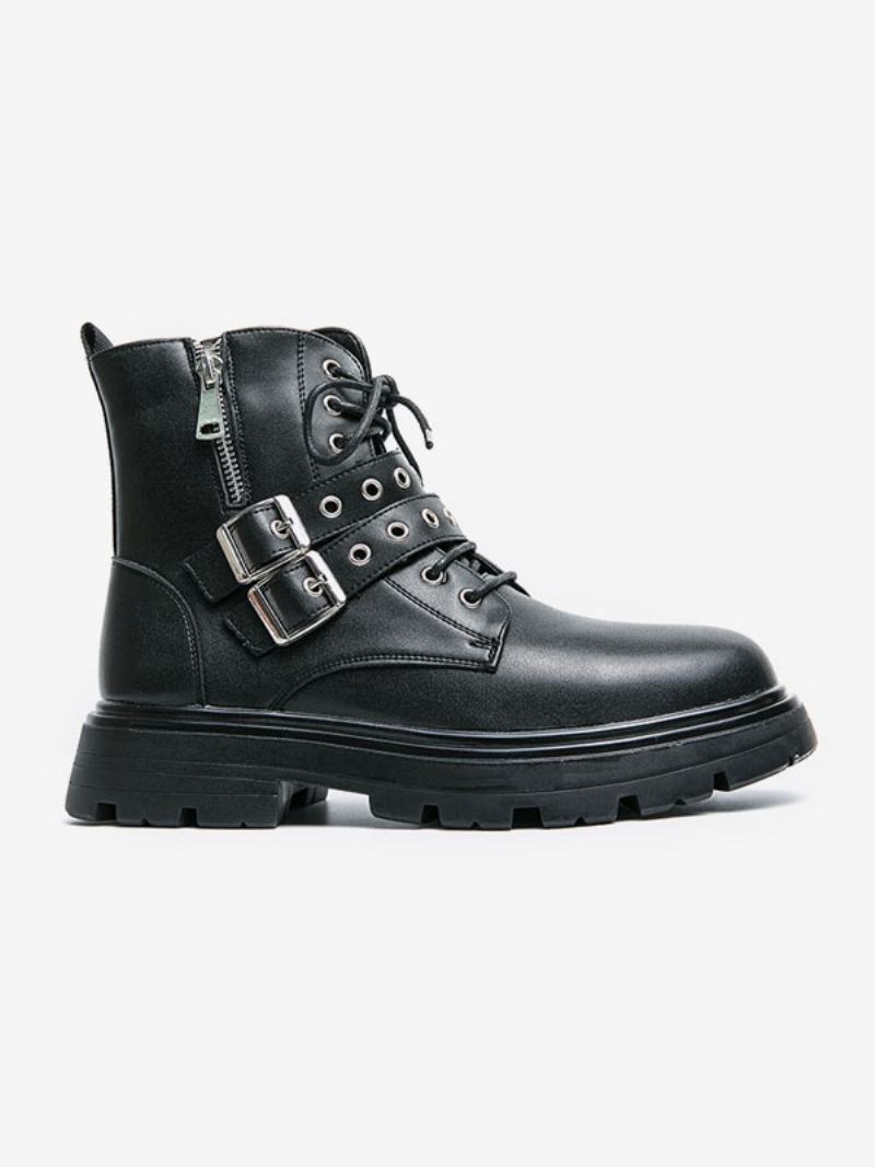 Ανδρικές Μπότες Combat Boots Pu Δερμάτινο Monk Strap Στρογγυλή Μύτη - Μαύρος