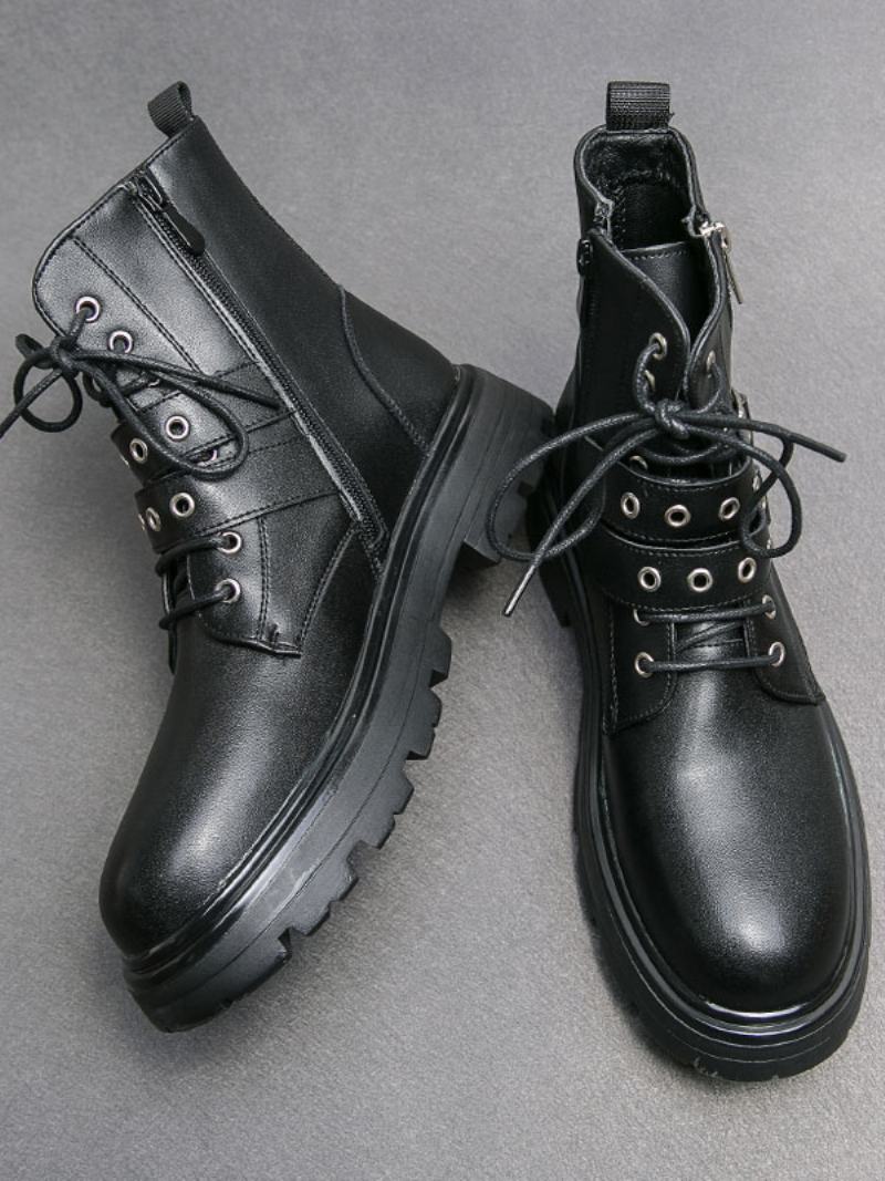 Ανδρικές Μπότες Combat Boots Pu Δερμάτινο Monk Strap Στρογγυλή Μύτη - Μαύρος