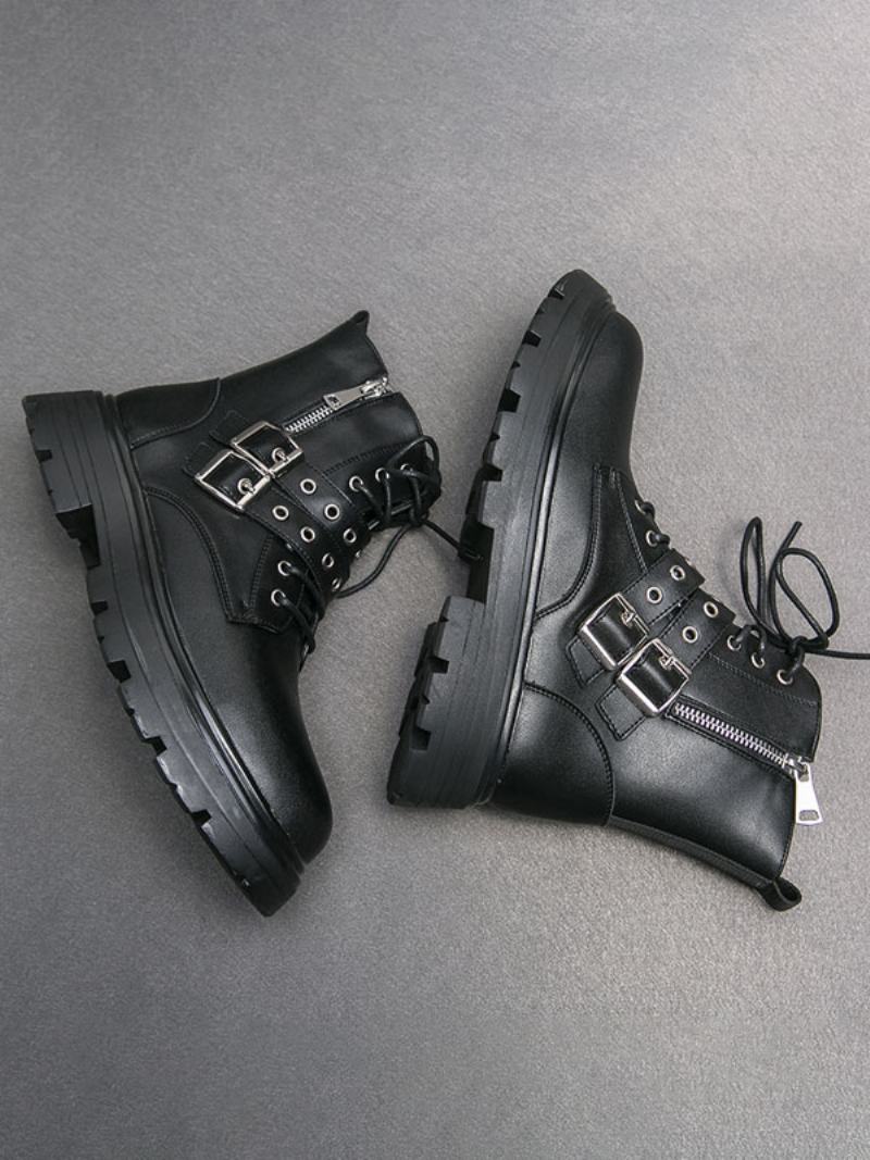 Ανδρικές Μπότες Combat Boots Pu Δερμάτινο Monk Strap Στρογγυλή Μύτη - Μαύρος