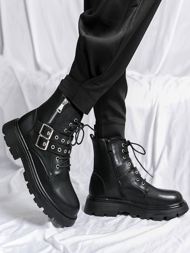 Ανδρικές Μπότες Combat Boots Pu Δερμάτινο Monk Strap Στρογγυλή Μύτη - Μαύρος