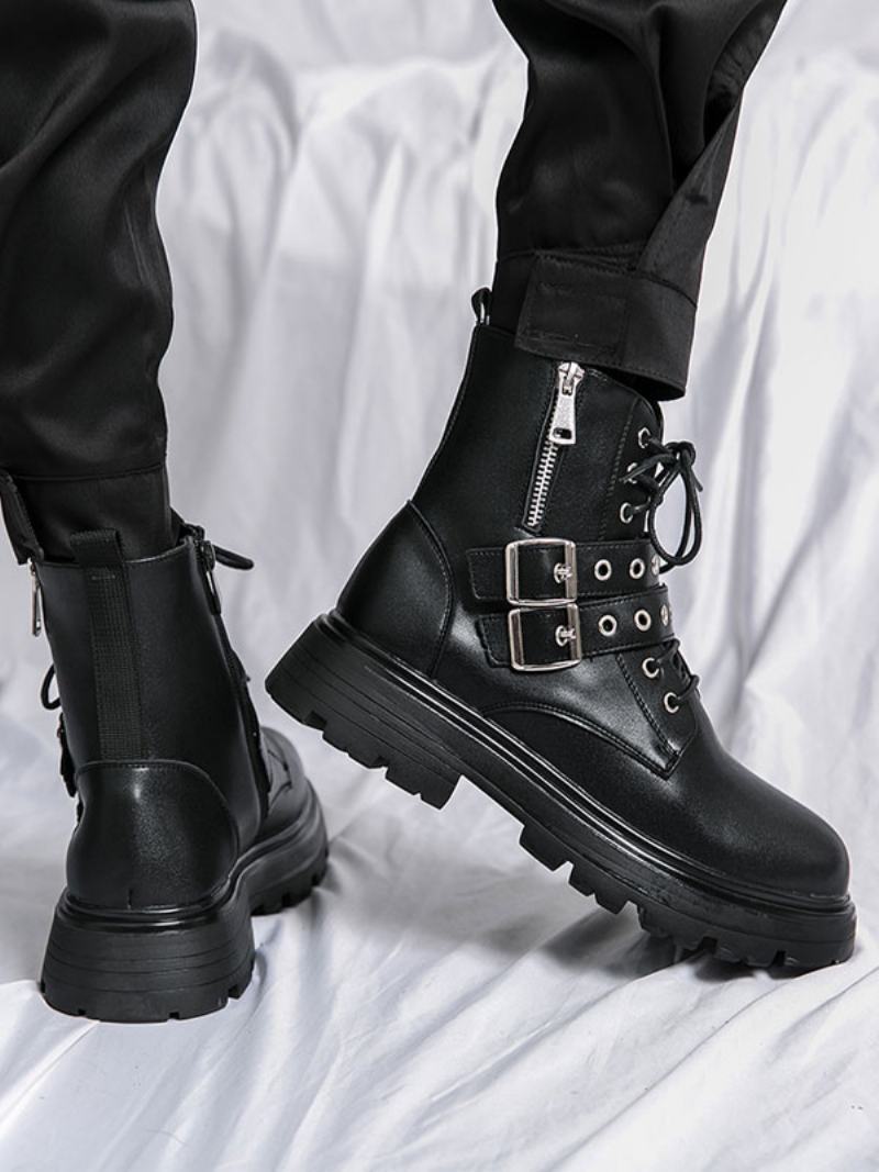 Ανδρικές Μπότες Combat Boots Pu Δερμάτινο Monk Strap Στρογγυλή Μύτη - Μαύρος