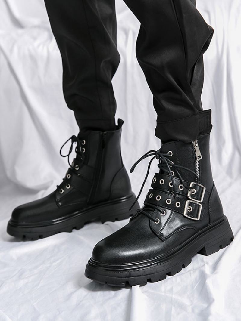 Ανδρικές Μπότες Combat Boots Pu Δερμάτινο Monk Strap Στρογγυλή Μύτη - Μαύρος