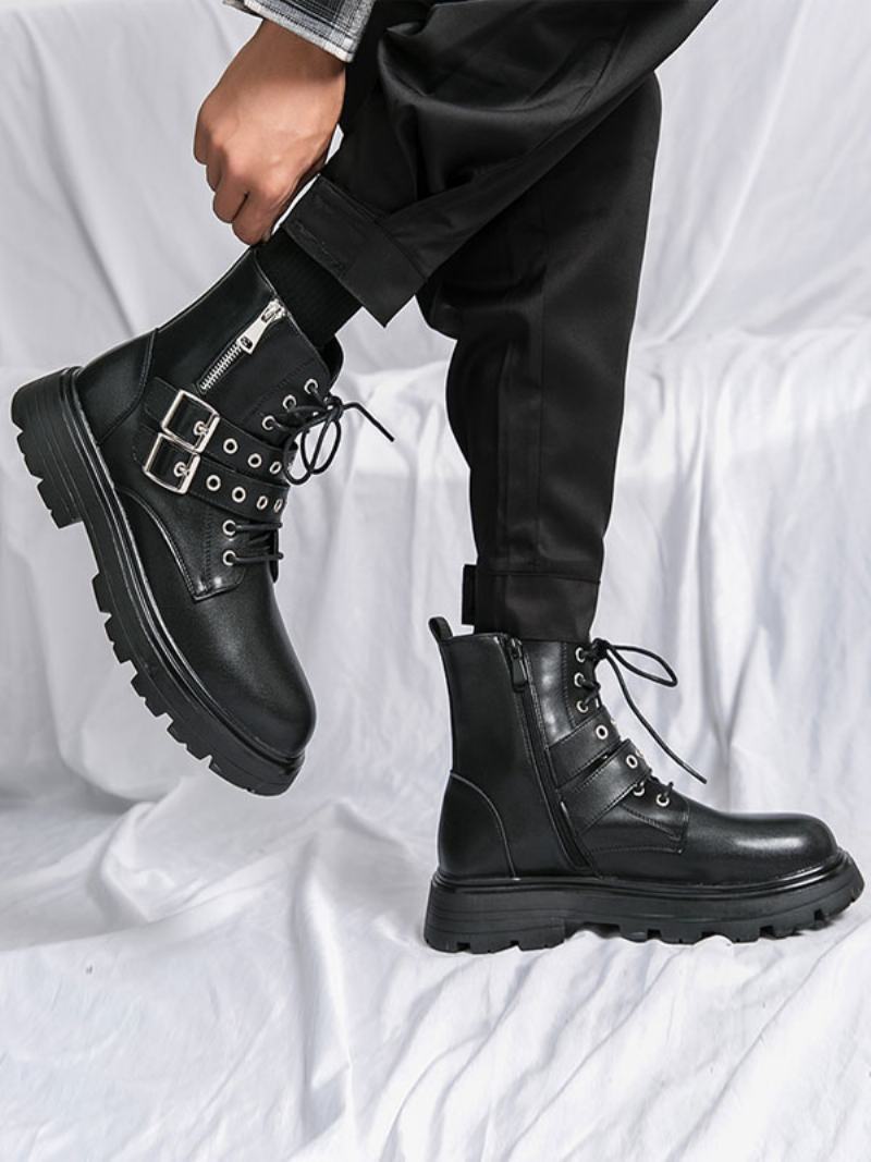 Ανδρικές Μπότες Combat Boots Pu Δερμάτινο Monk Strap Στρογγυλή Μύτη - Μαύρος