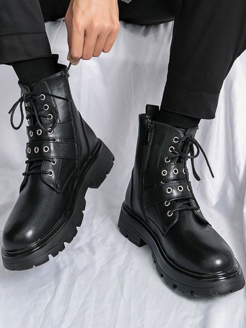 Ανδρικές Μπότες Combat Boots Pu Δερμάτινο Monk Strap Στρογγυλή Μύτη - Μαύρος