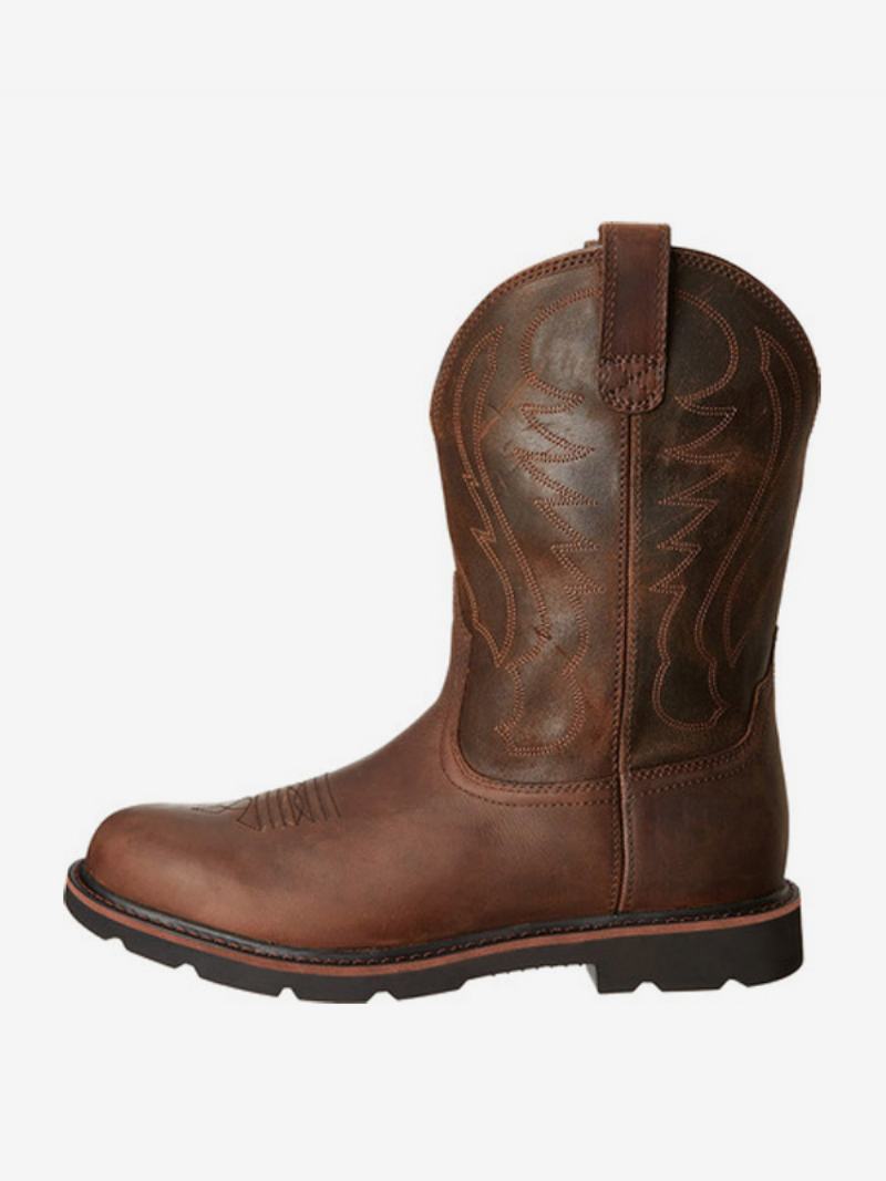 Ανδρικές Μπότες Cowboy Boots Chocolate Pu Δερμάτινες Round Toe Mid Calf - Coffee Brown