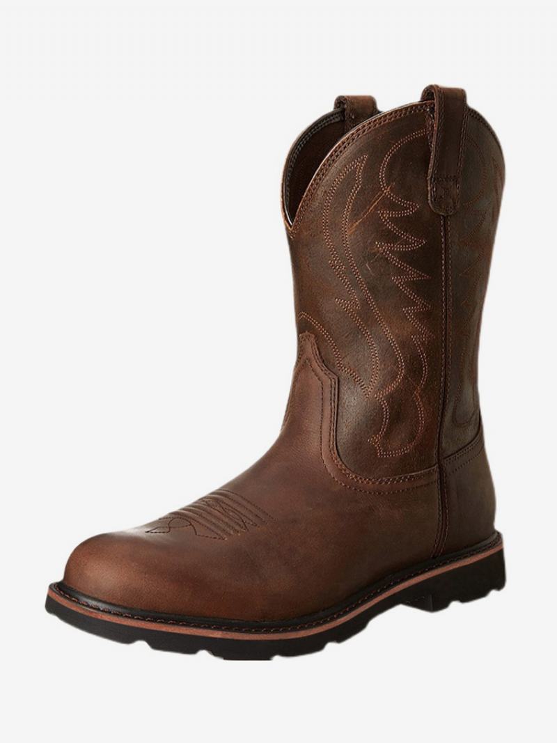 Ανδρικές Μπότες Cowboy Boots Chocolate Pu Δερμάτινες Round Toe Mid Calf - Coffee Brown