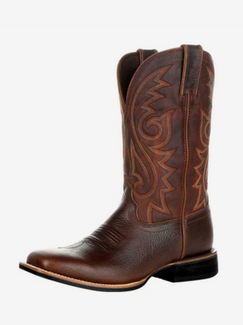 Ανδρικές Μπότες Cowboy Boots Coffee Brown Pu Δερμάτινες Μυτερές Στη Μέση