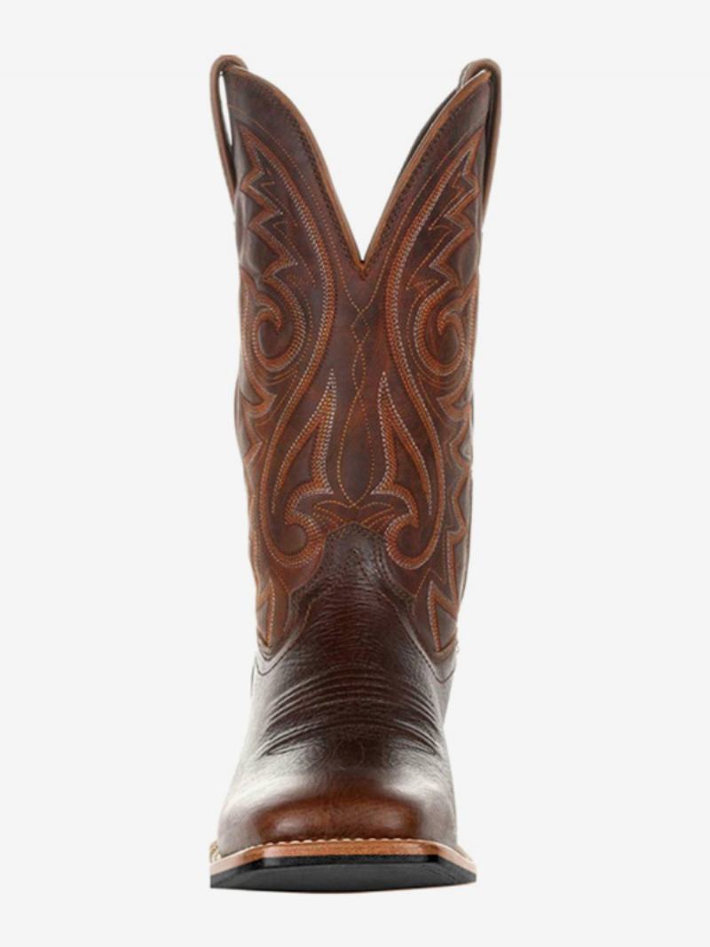 Ανδρικές Μπότες Cowboy Boots Coffee Brown Pu Δερμάτινες Μυτερές Στη Μέση - Καφέ Καφέ