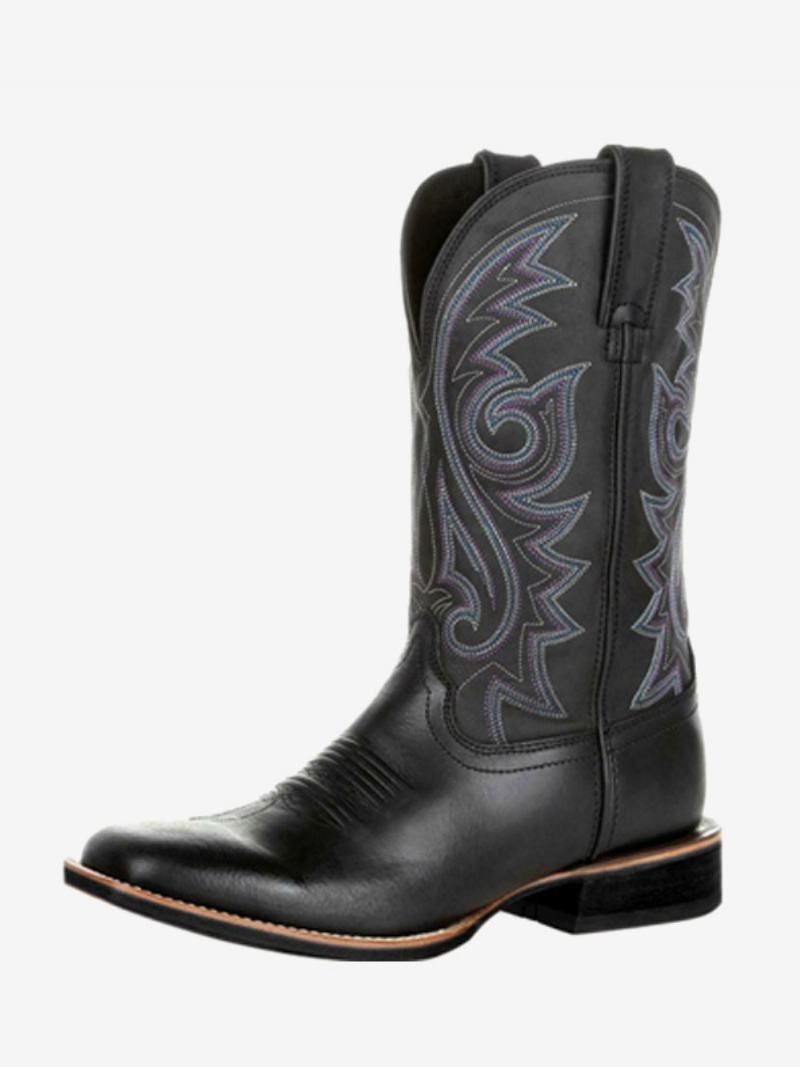 Ανδρικές Μπότες Cowboy Boots Coffee Brown Pu Δερμάτινες Μυτερές Στη Μέση - Μαύρο