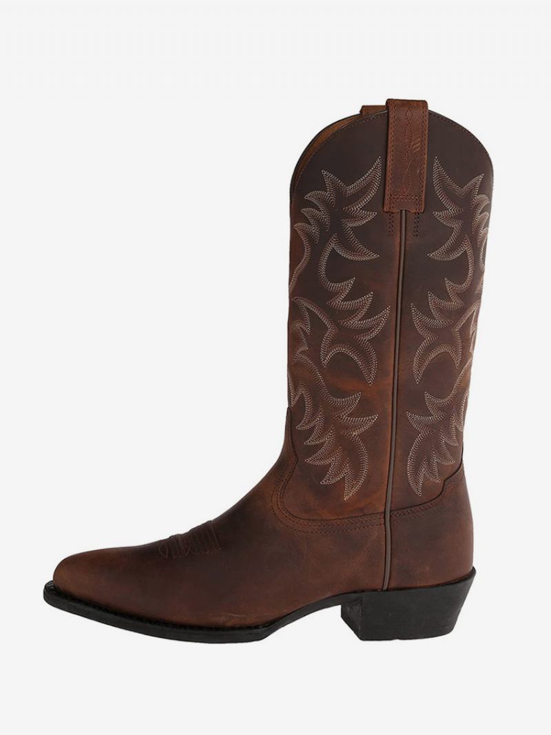 Ανδρικές Μπότες Cowboy Boots Coffee Brown Pu Δερμάτινο Μυτερό Μύτη