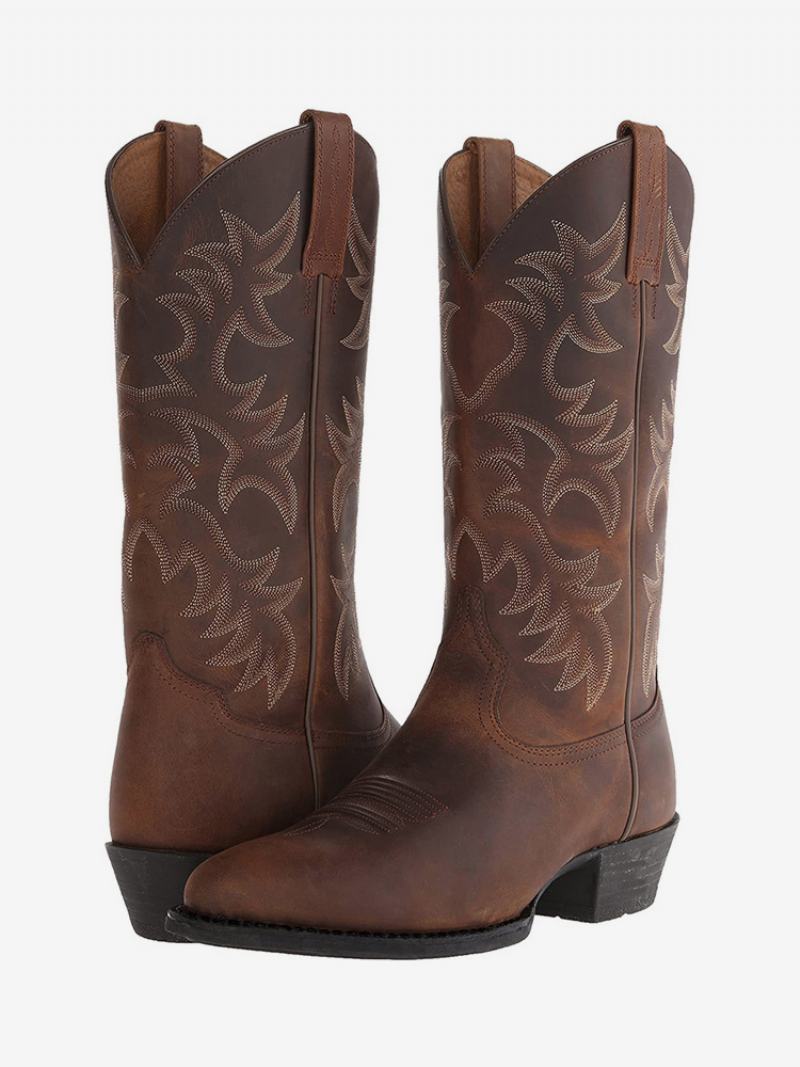 Ανδρικές Μπότες Cowboy Boots Coffee Brown Pu Δερμάτινο Μυτερό Μύτη - Καφέ Καφέ