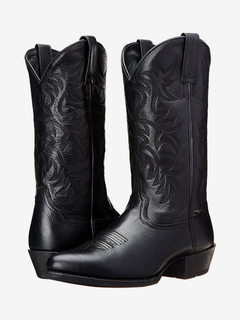 Ανδρικές Μπότες Cowboy Boots Coffee Brown Pu Δερμάτινο Μυτερό Μύτη - Μαύρο