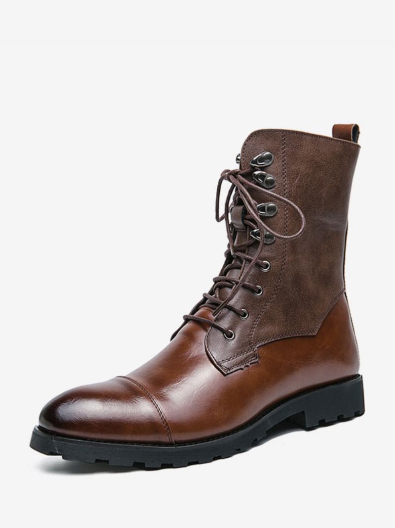 Ανδρικές Μπότες Cowboy Boots Coffee Brown Pu Δερμάτινο Στρογγυλό Δάχτυλο - Καφέ Καφέ