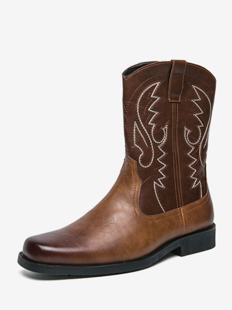 Ανδρικές Μπότες Cowboy Boots Coffee Brown Pu Δερμάτινο Στρογγυλό Κέντημα