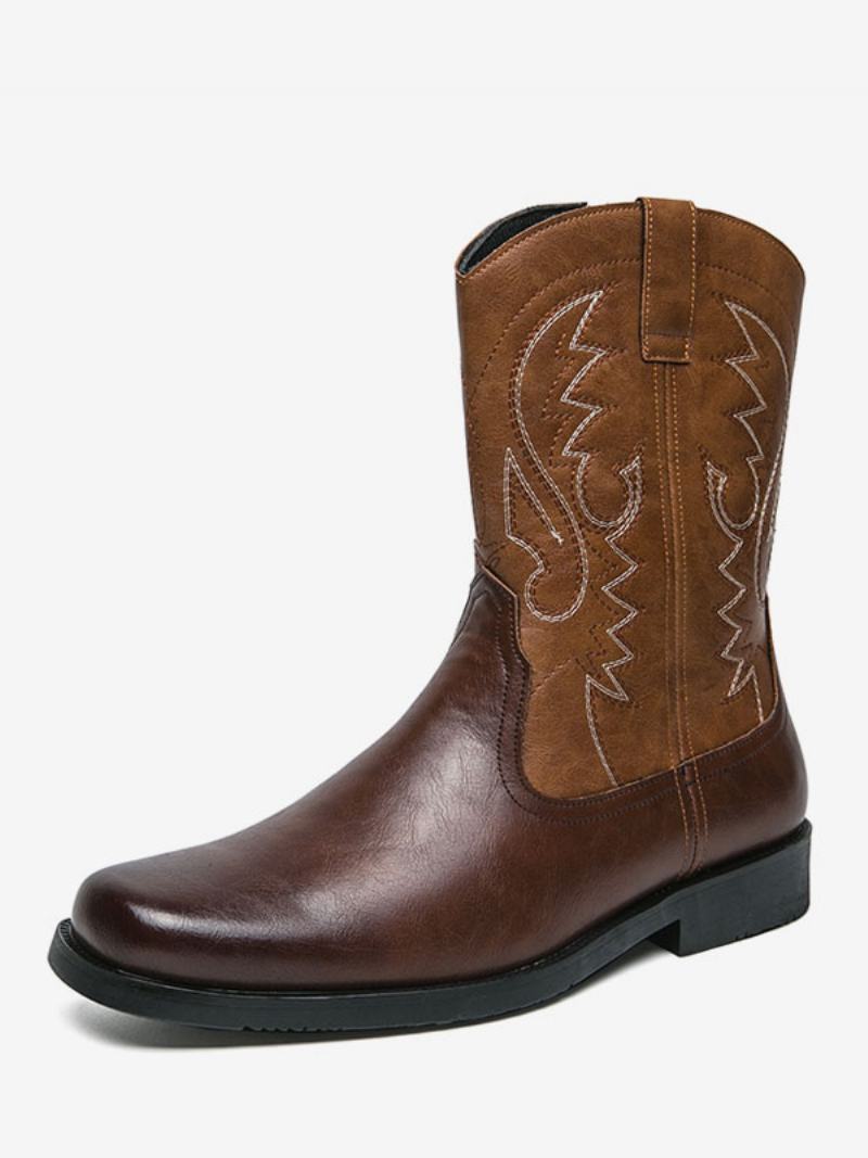 Ανδρικές Μπότες Cowboy Boots Coffee Brown Pu Δερμάτινο Στρογγυλό Κέντημα - Βαθύ Καφέ