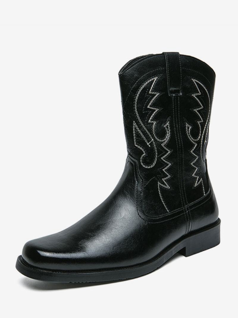 Ανδρικές Μπότες Cowboy Boots Coffee Brown Pu Δερμάτινο Στρογγυλό Κέντημα - Μαύρο