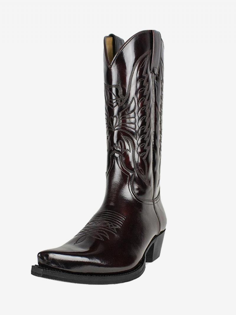 Ανδρικές Μπότες Cowboy Boots Βαθύ Καφέ Pu Δερμάτινες Μυτερές Στη Μέση - Βαθύ Καφέ