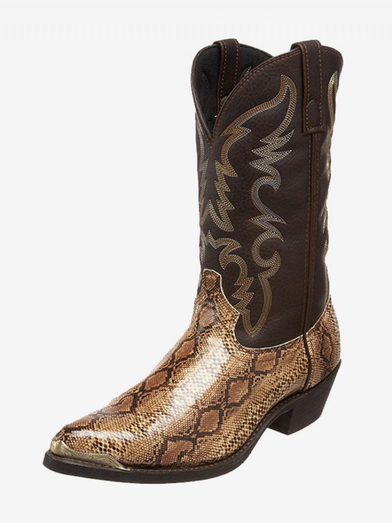 Ανδρικές Μπότες Cowboy Boots Χρυσό Pu Δερμάτινο Μυτερό Mid Calf