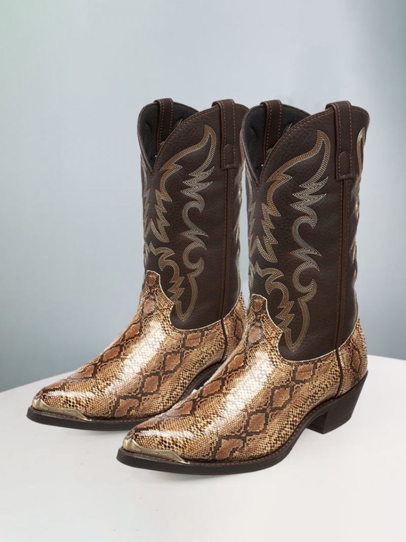 Ανδρικές Μπότες Cowboy Boots Χρυσό Pu Δερμάτινο Μυτερό Mid Calf - Χρυσός